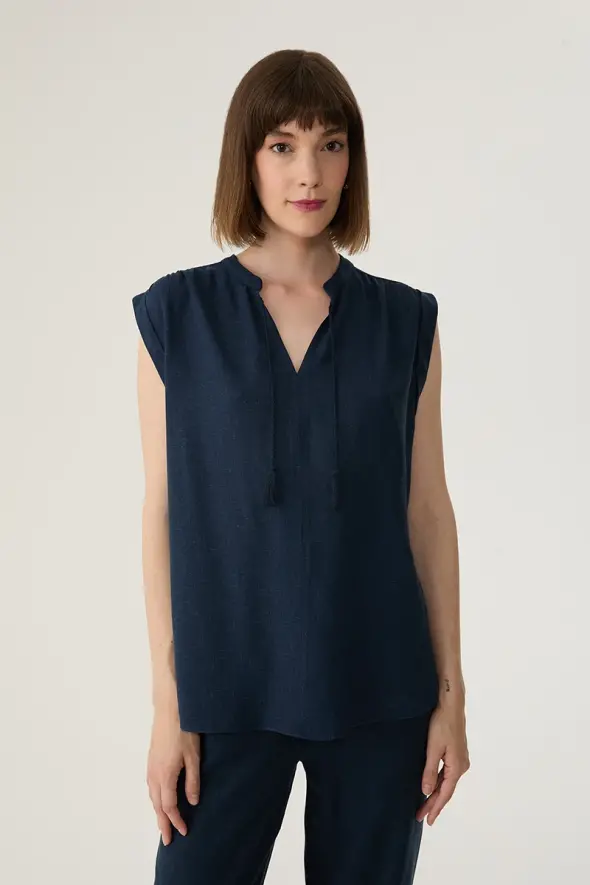 Linen Blouse with Fringed - Navy Blue - 1