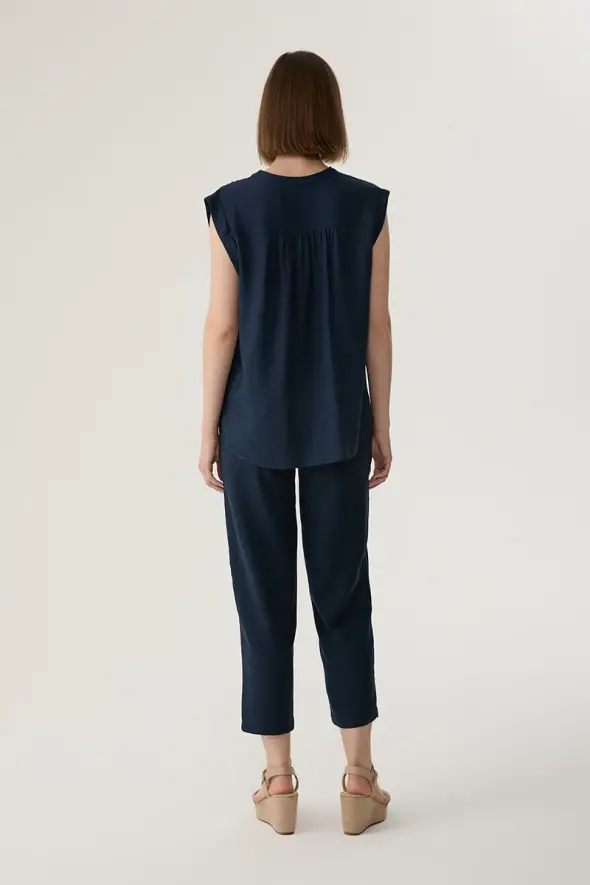 Linen Blouse with Fringed - Navy Blue - 4