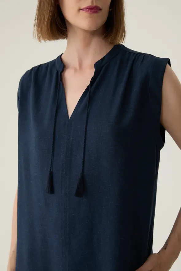 Linen Blouse with Fringed - Navy Blue - 3