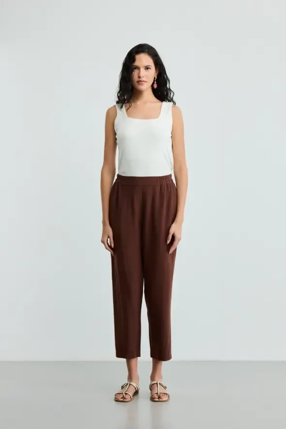 Linen Carrot Pants - Brown - 2