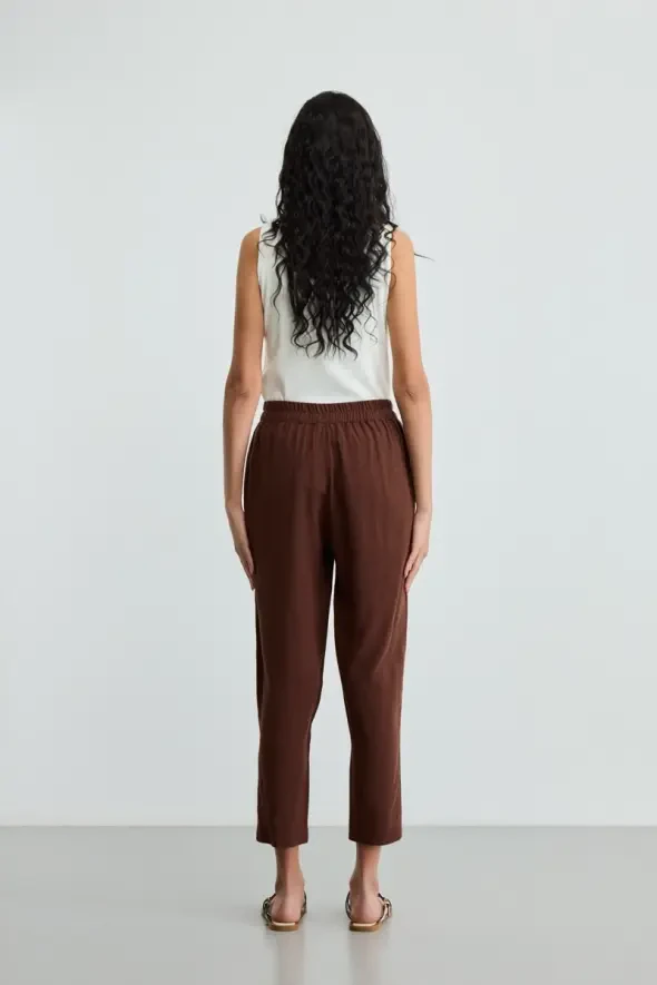 Linen Carrot Pants - Brown - 5