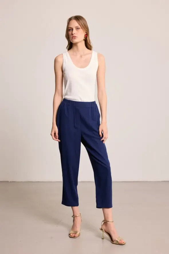 Linen Carrot Pants - Navy - 3