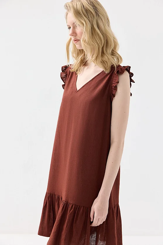 Linen Dress with Back Tie and Ruffle Detail - Brick Red - Gusto