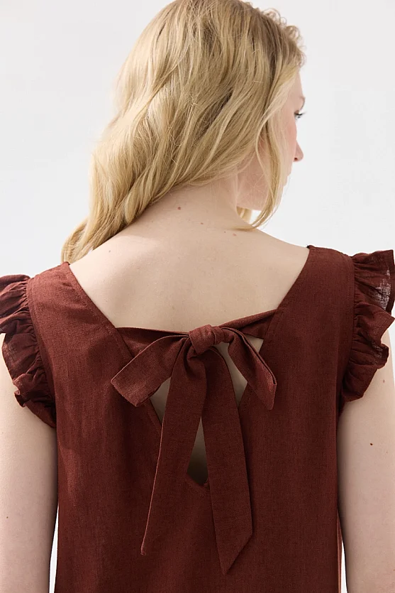 Linen Dress with Back Tie and Ruffle Detail - Brick Red - 6