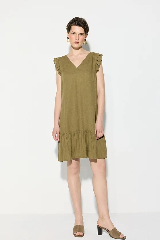 Linen Dress with Back Tie and Ruffle Detail - Khaki - 1