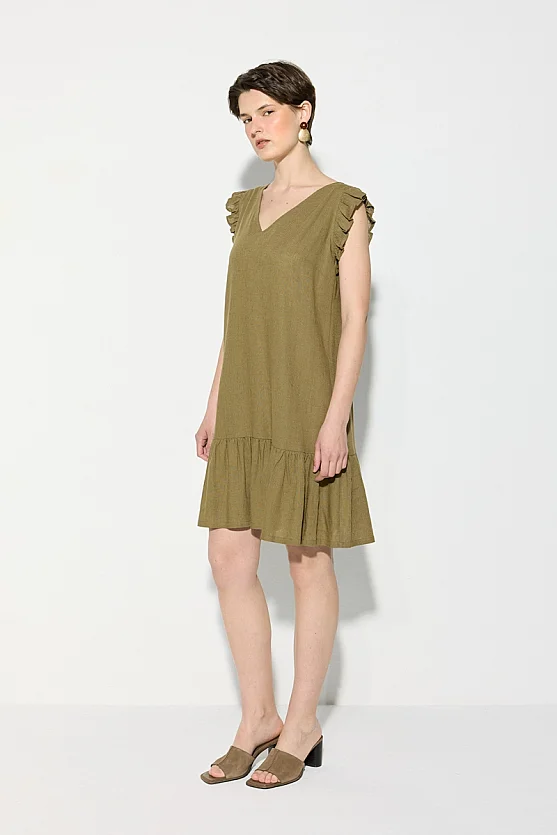Linen Dress with Back Tie and Ruffle Detail - Khaki - Gusto