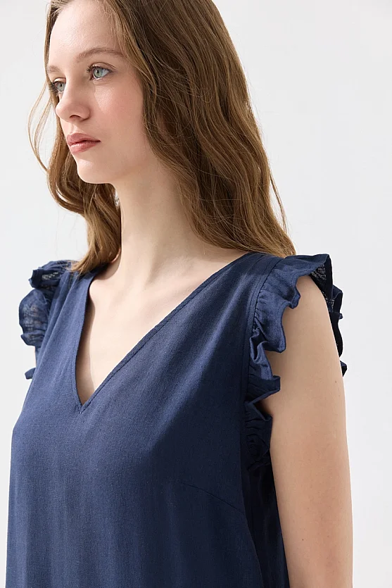 Linen Dress with Back Tie and Ruffle Detail - Navy Blue - 5