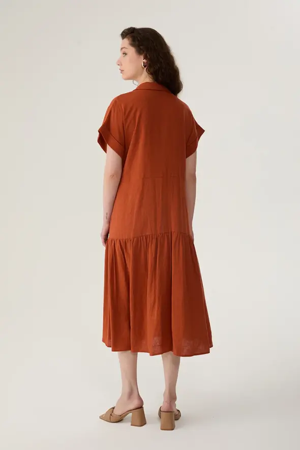 Linen Dress with Button Front - Brick - 5