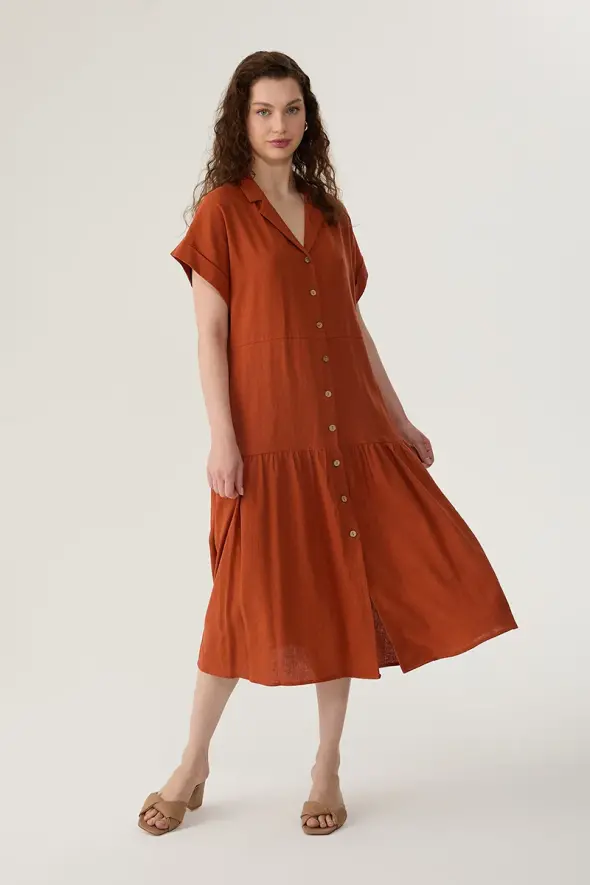 Linen Dress with Button Front - Brick - 3