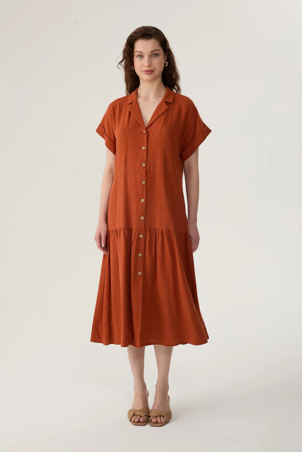 Linen Dress with Button Front - Brick Brick-red