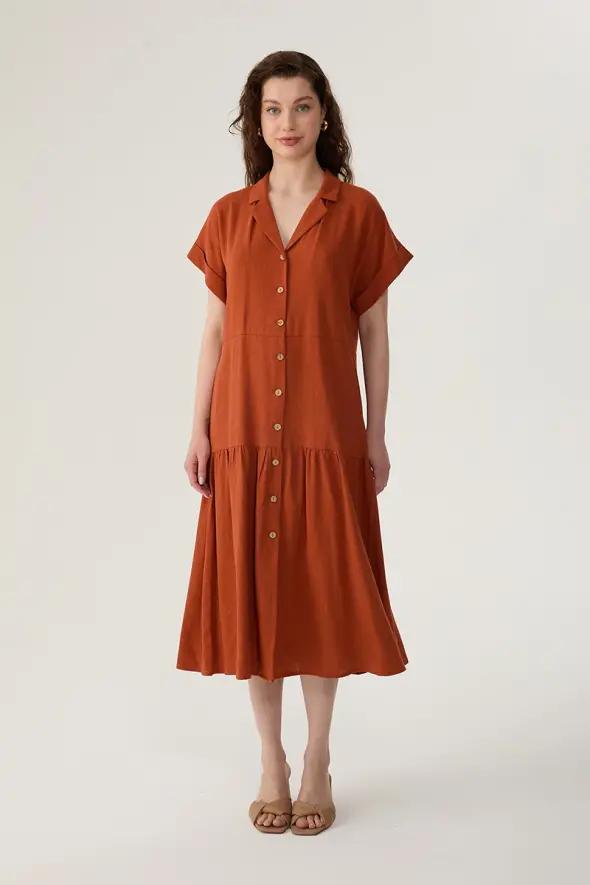 Linen Dress with Button Front - Brick - 1