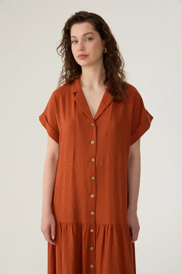 Linen Dress with Button Front - Brick - 2