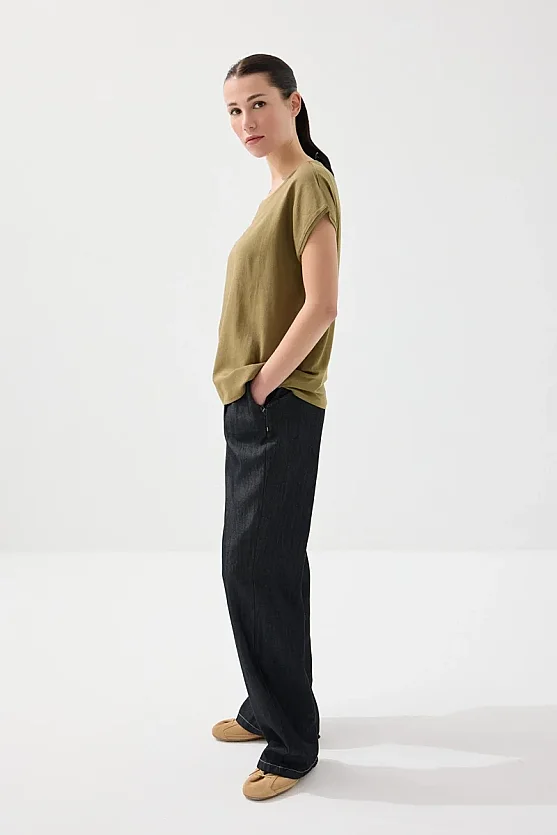 Linen Front T-Shirt - Khaki - 4
