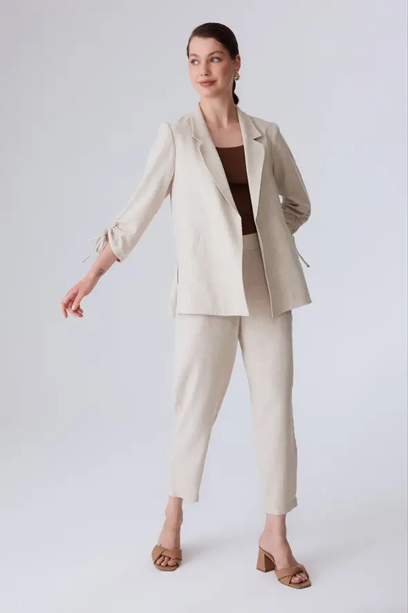 Linen Jacket with Shirred Sleeves - Beige - 2