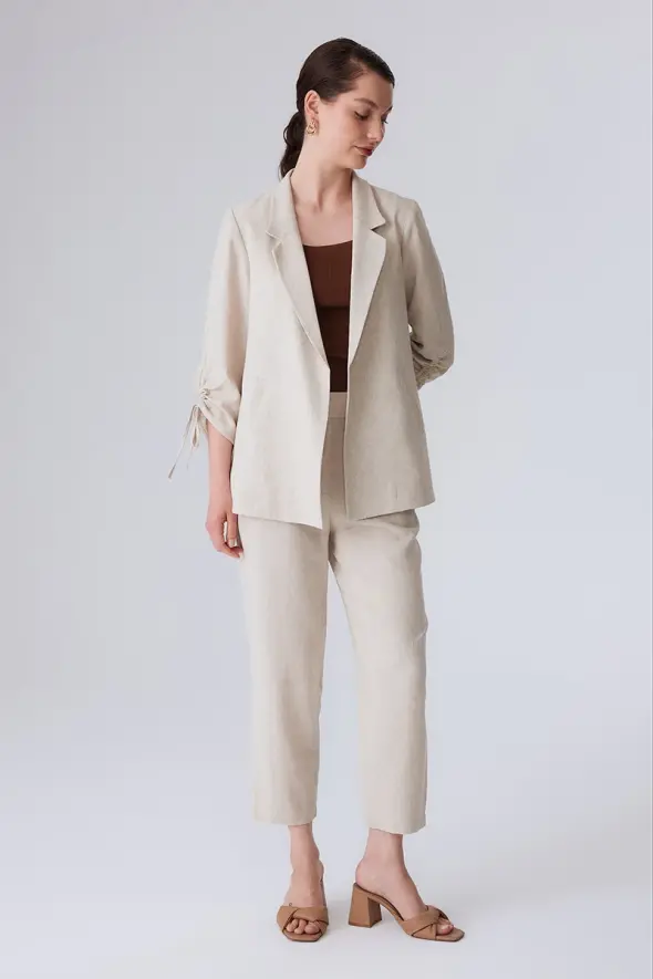 Linen Jacket with Shirred Sleeves - Beige - 3