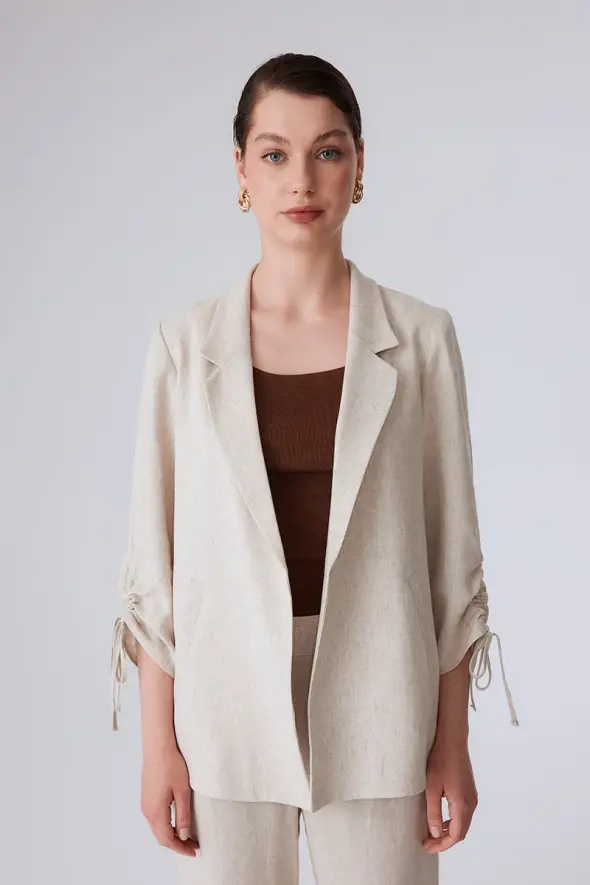 Linen Jacket with Shirred Sleeves - Beige - 1