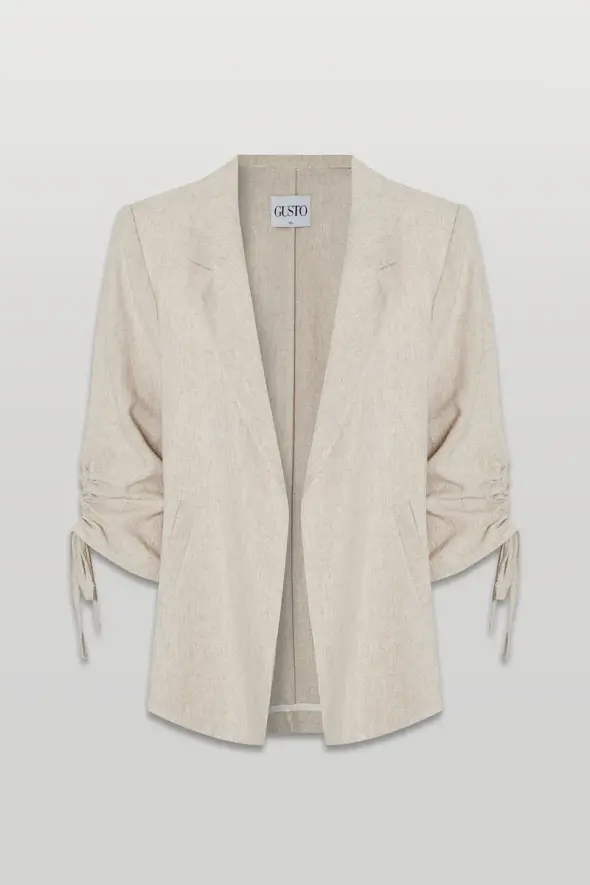 Linen Jacket with Shirred Sleeves - Beige - 6