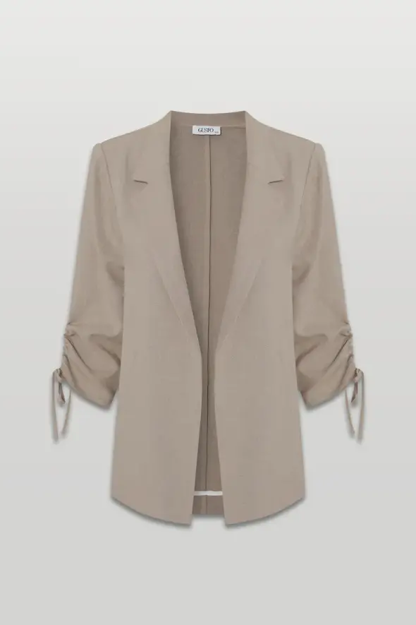 Linen Jacket with Shirred Sleeves - Mink - 1