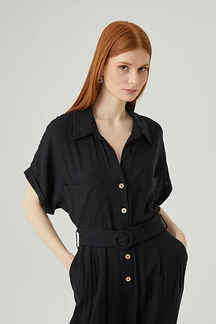 Linen Jumpsuit - Black - Gusto