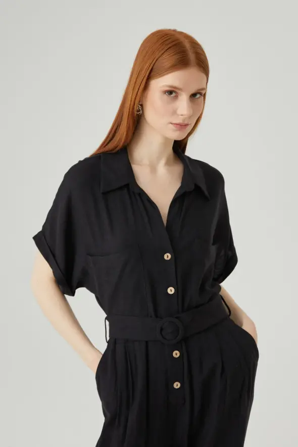 Linen Jumpsuit - Black - 3