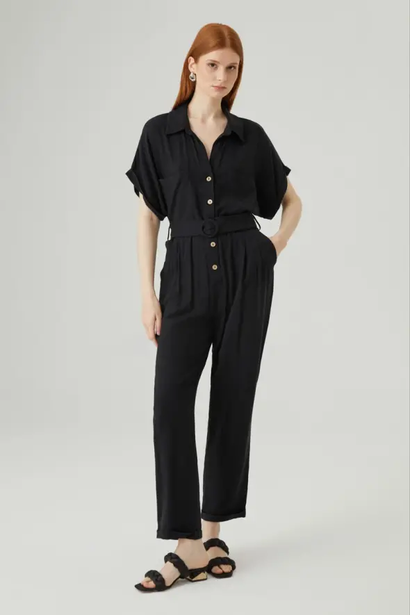 Linen Jumpsuit - Black - 1