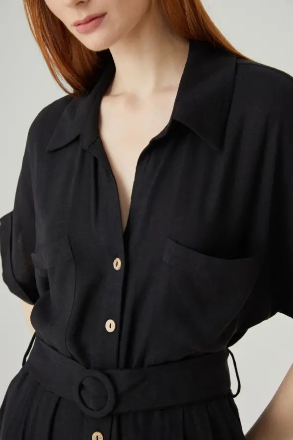 Linen Jumpsuit - Black - 4