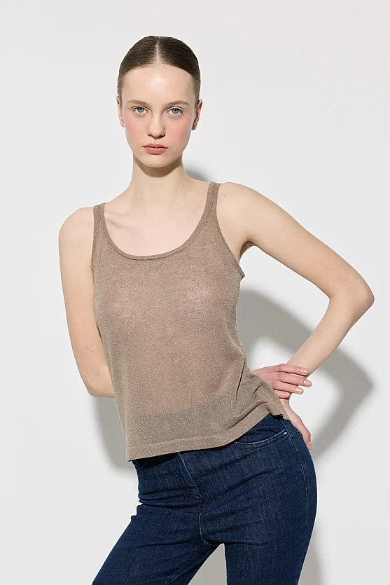 Linen Knit Tank Top - Brown - 1