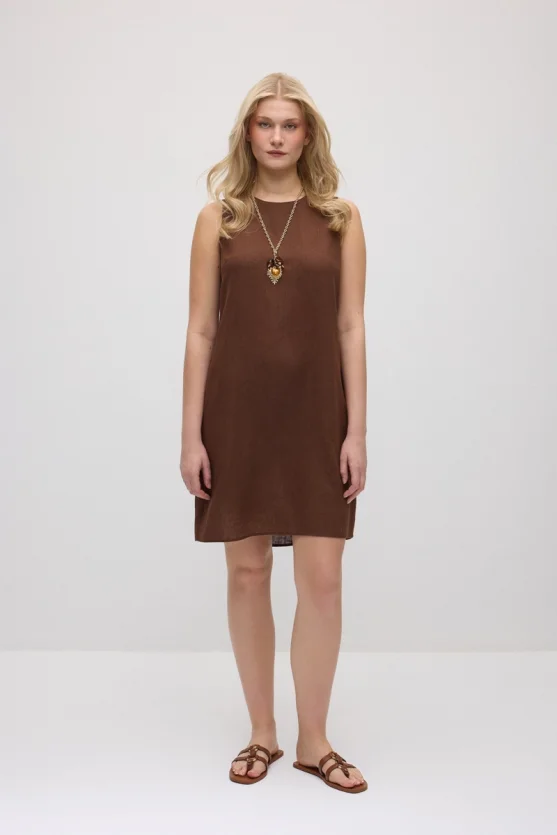 Linen Pinafore Dress - Brown - 1