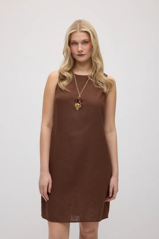 Linen Pinafore Dress - Brown - 2