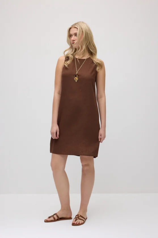 Linen Pinafore Dress - Brown - Gusto