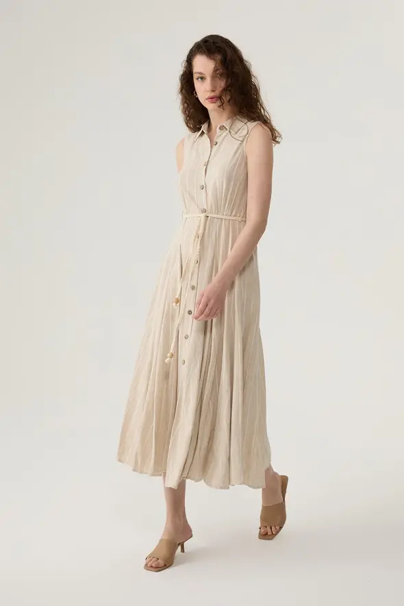 Linen Shirt Dress with Natural Belted - Beige - 2