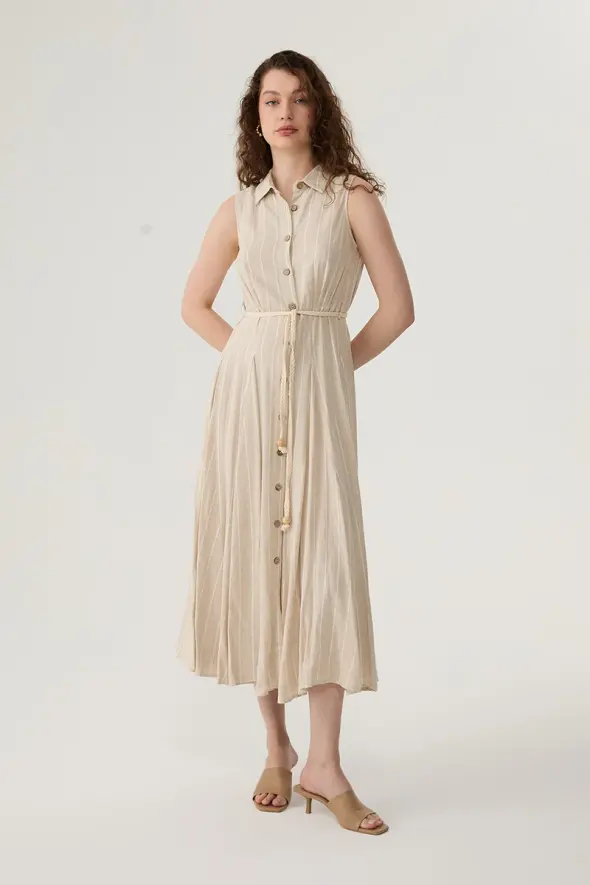 Linen Shirt Dress with Natural Belted - Beige - 1