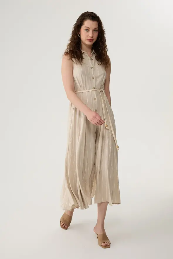 Linen Shirt Dress with Natural Belted - Beige - 3