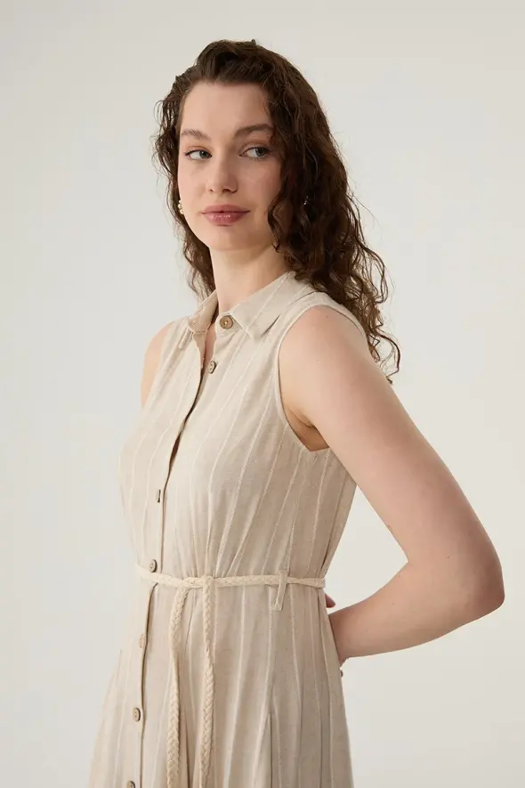 Linen Shirt Dress with Natural Belted - Beige - 4