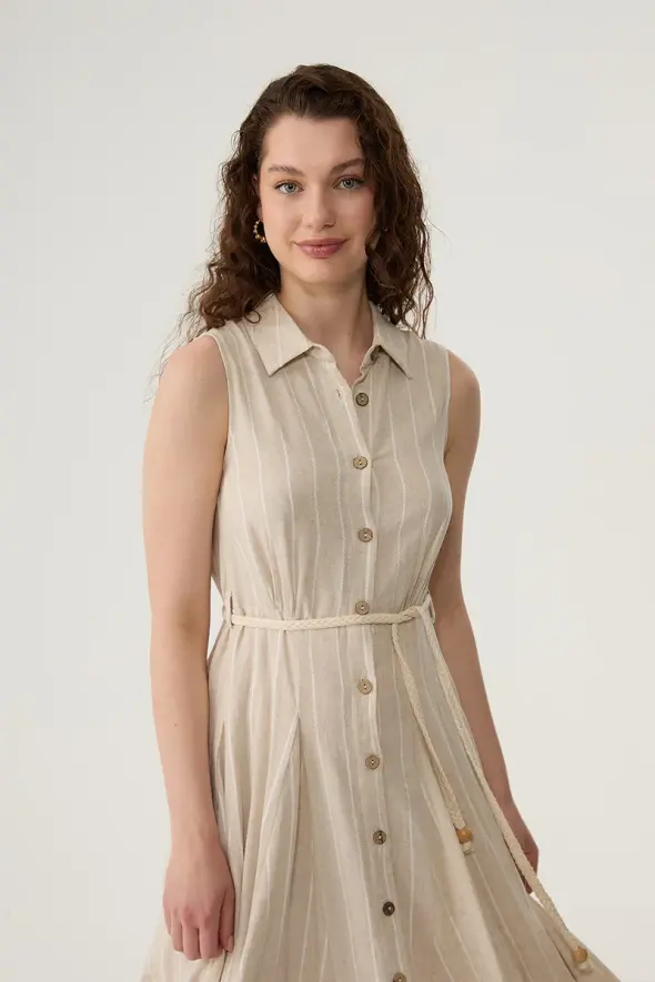 Linen Shirt Dress with Natural Belted - Beige - 5