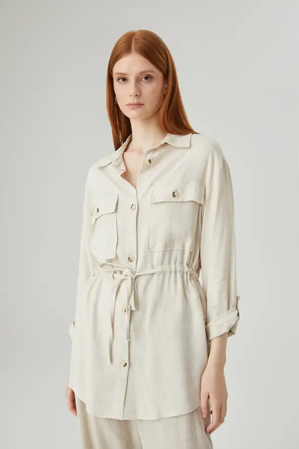 Linen Shirt Jacket with Drawstrings - Beige - 1