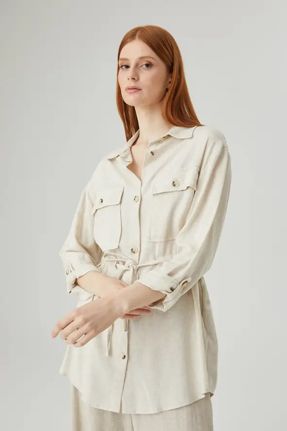 Linen Shirt Jacket with Drawstrings - Beige - 2