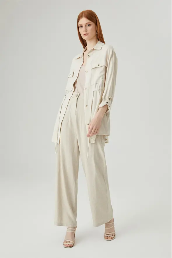 Linen Shirt Jacket with Drawstrings - Beige - 4