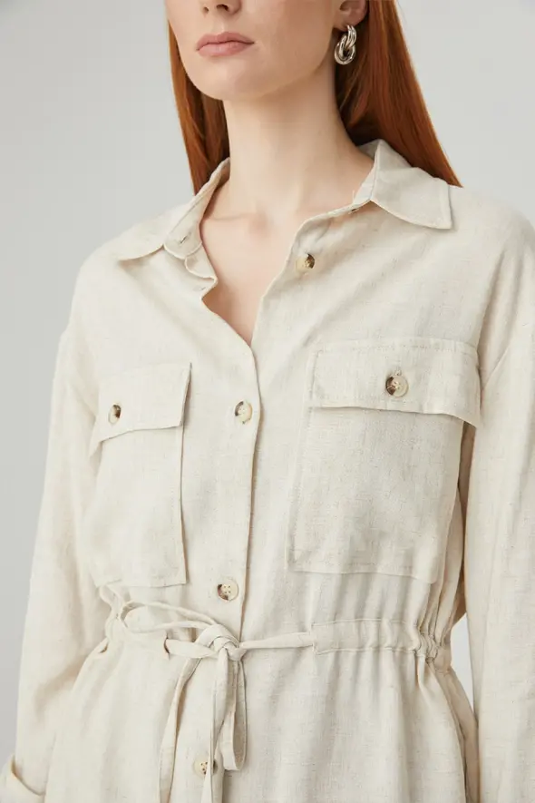 Linen Shirt Jacket with Drawstrings - Beige - 5
