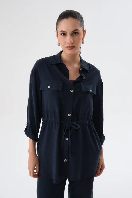 Linen Shirt Jacket with Drawstrings - Navy Blue Navy Blue