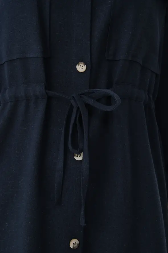Linen Shirt Jacket with Drawstrings - Navy Blue - 3