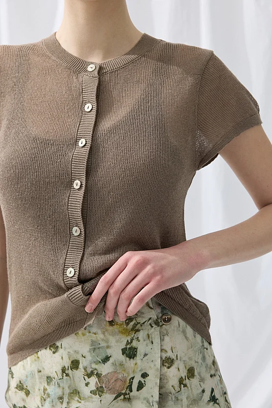 Linen Short Sleeve Knit Cardigan - Brown - 5