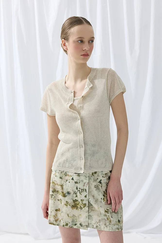 Linen Short Sleeve Knit Cardigan - Stone