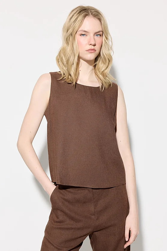 Linen Tank Blouse - Brown - 2