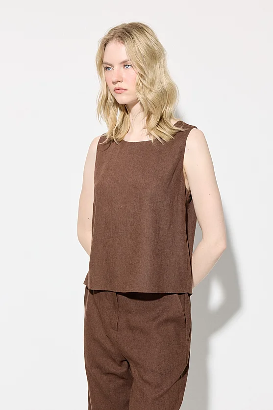 Linen Tank Blouse - Brown - 3