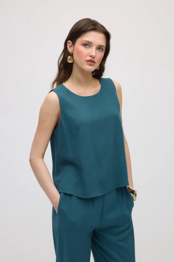 Linen Tank Blouse - Green - 4