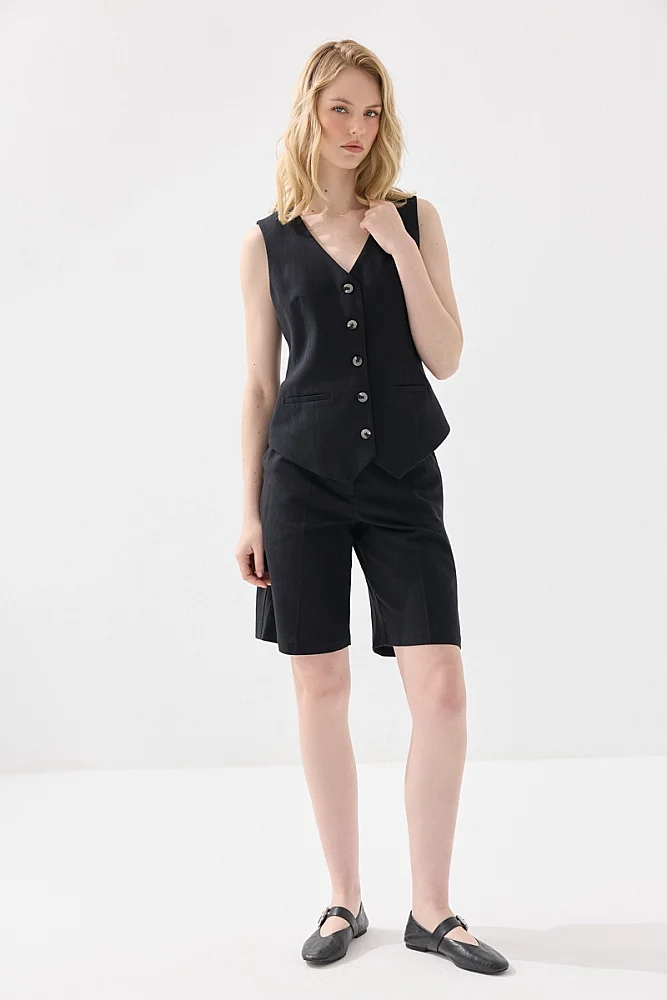 Linen Vest with Welt Pockets - Black Black