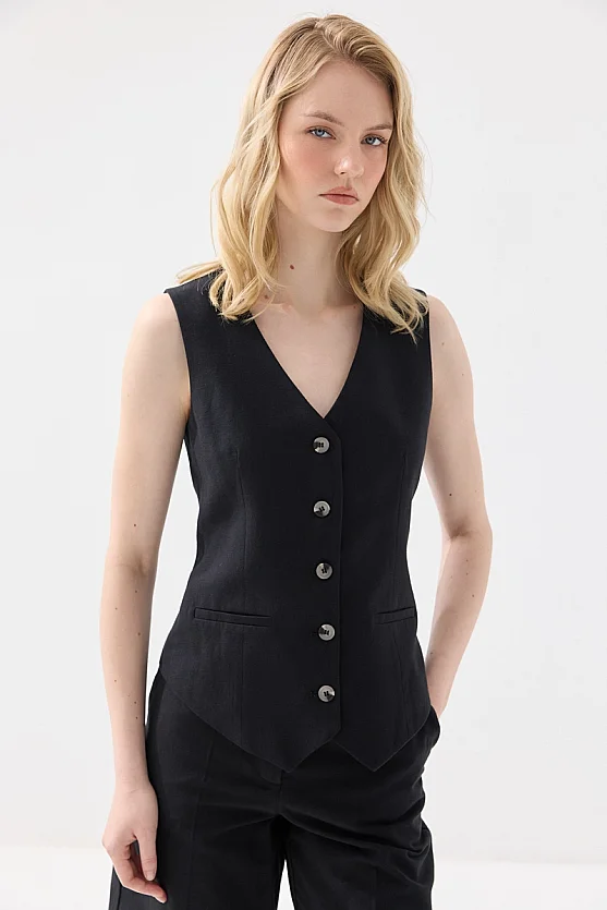 Linen Vest with Welt Pockets - Black - Gusto