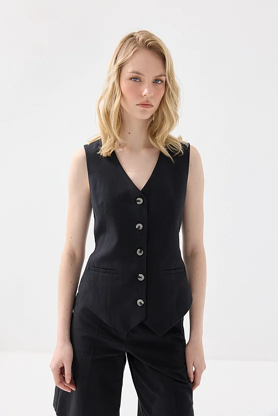 Linen Vest with Welt Pockets - Black - Gusto