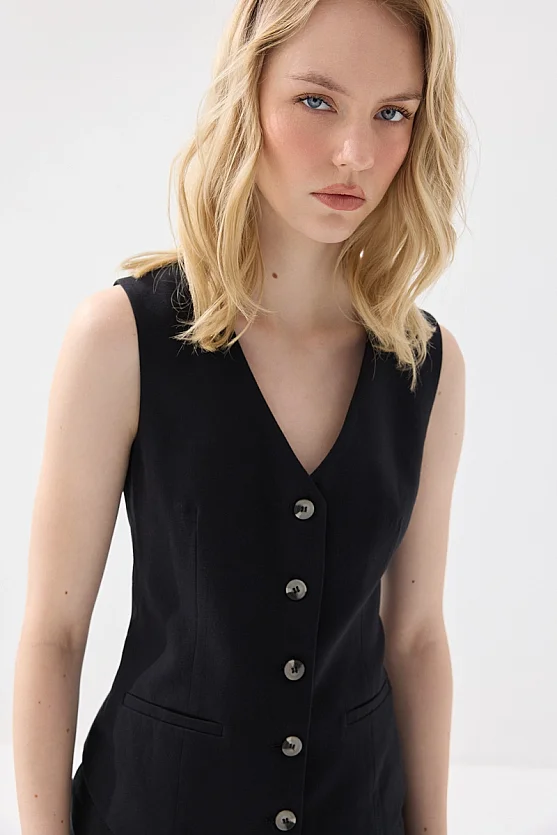 Linen Vest with Welt Pockets - Black - Gusto